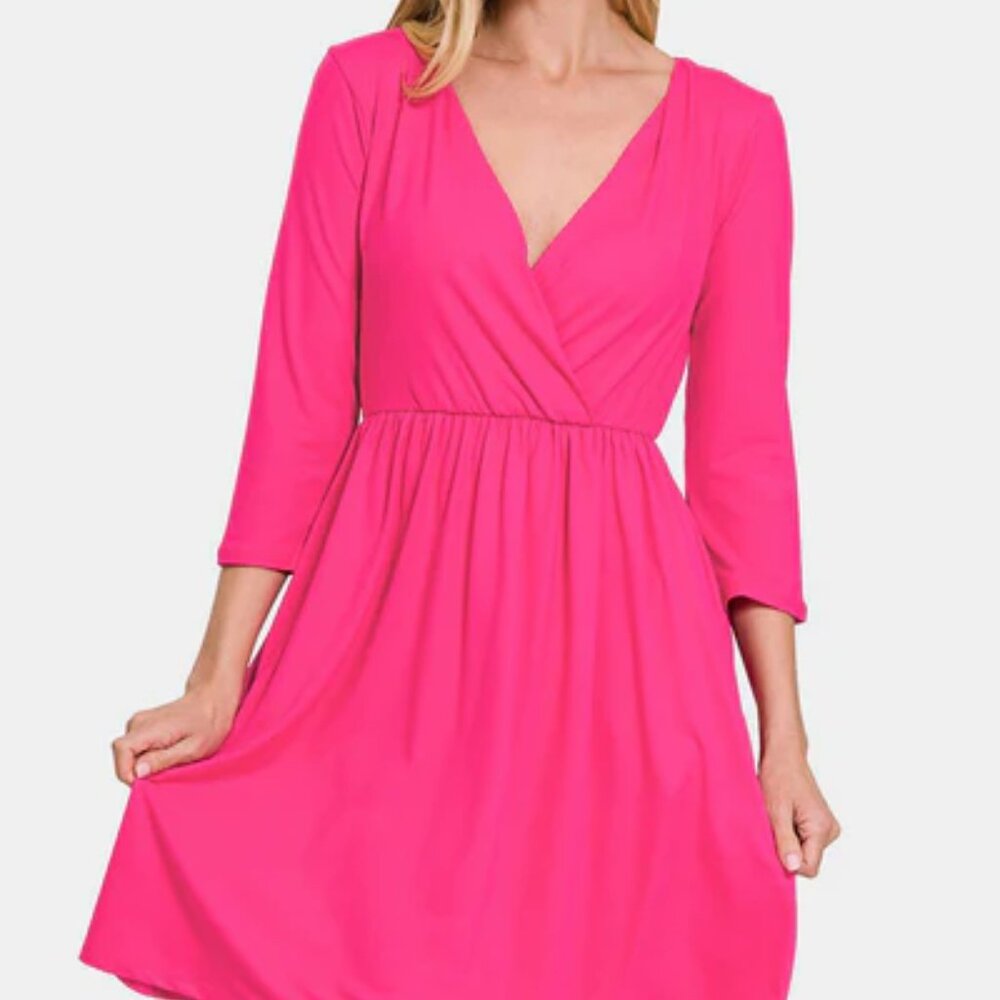 Zenana Midi Dress XL Pink Super Soft Elastic Waist Pockets Barbie Pink Colorful